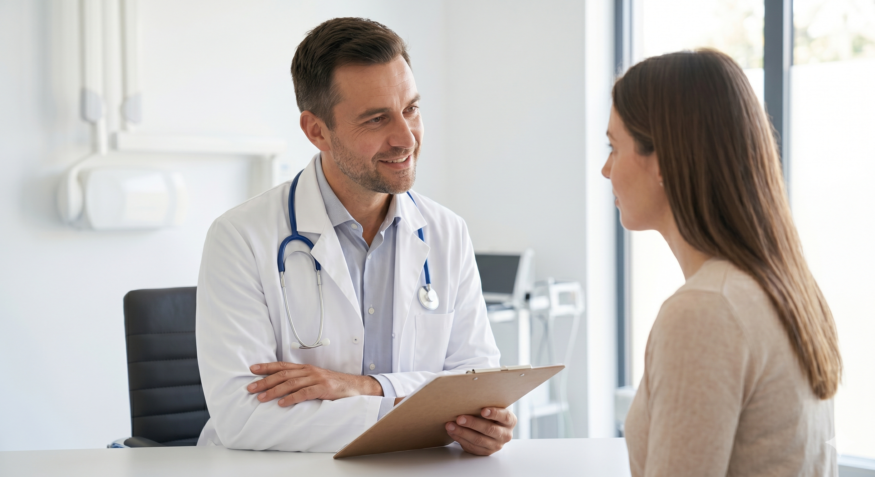 Cityside Medical Clinic — doctor in a white coat consulting warmly with a patient in a bright, professional clinic