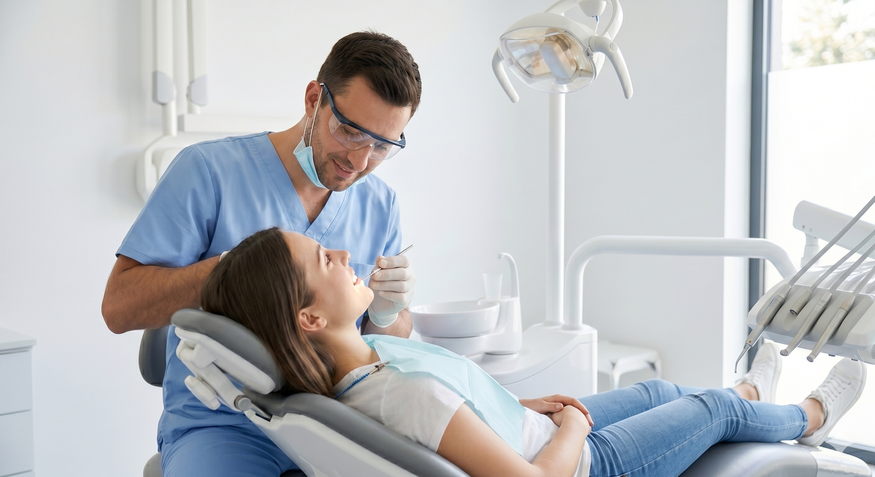 Dentist examining a patient during a routine check-up in a clean dental clinic