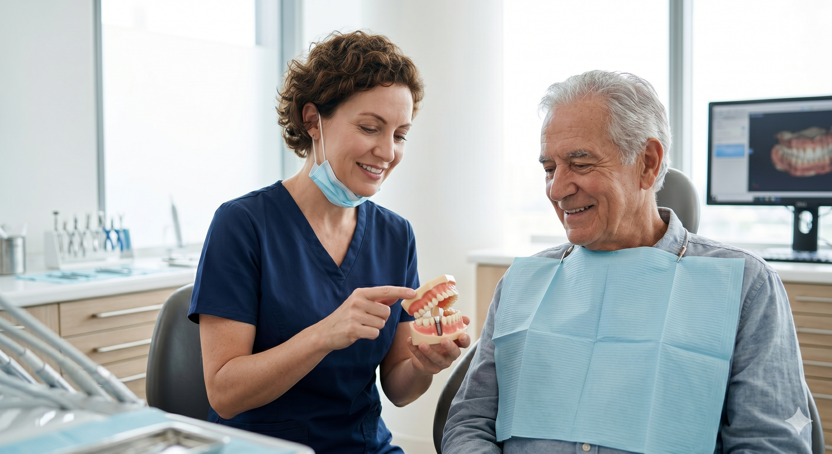 Dentist consulting with a patient about dental implant options using a 3D model
