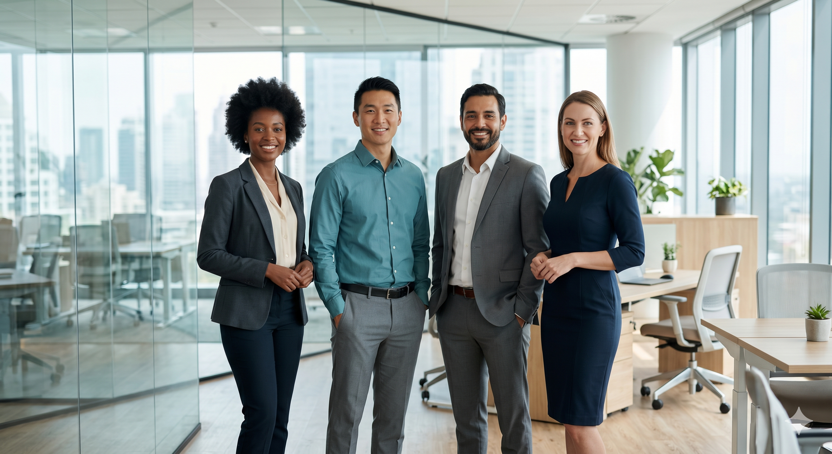 Oakwood Business Services — diverse team of professional consultants standing together in a modern bright office