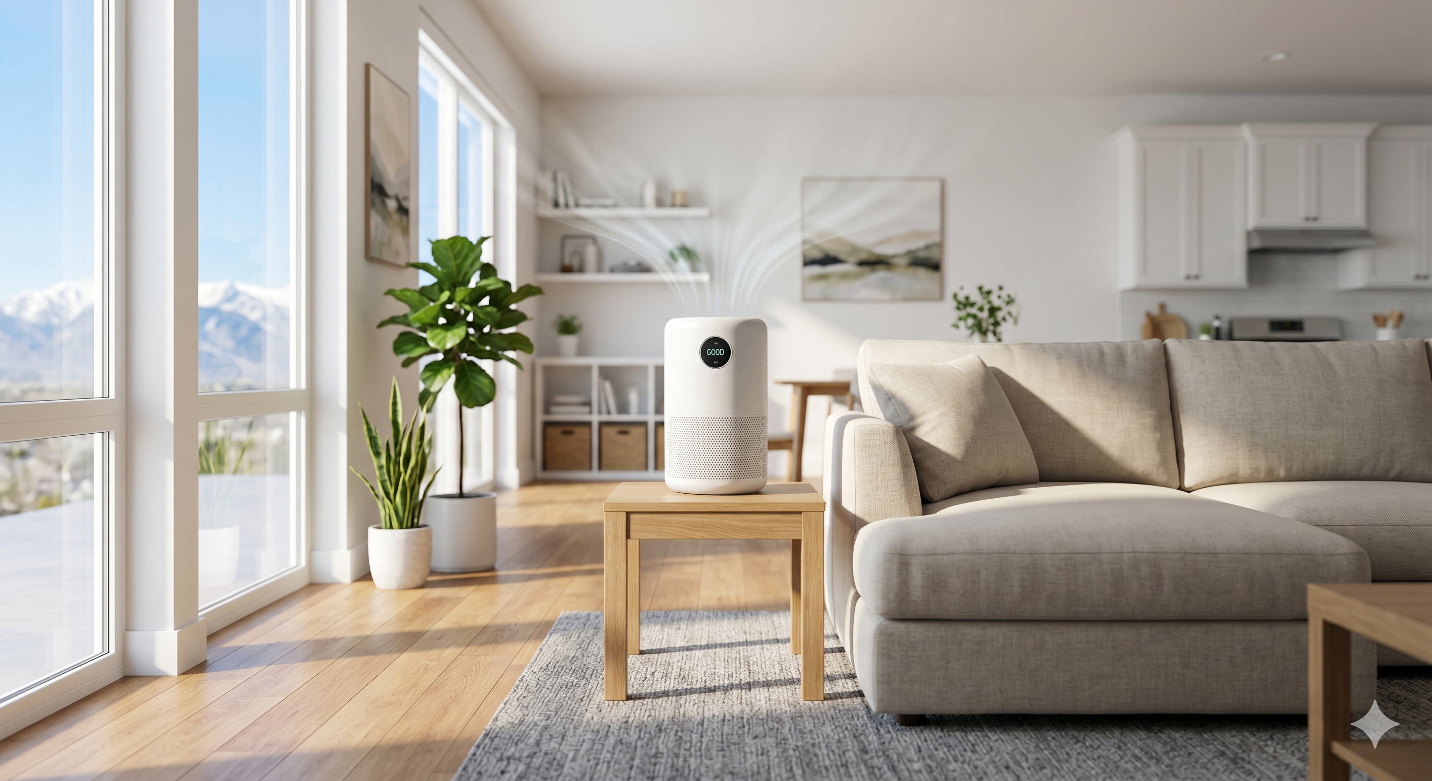 Modern air purifier in a bright clean living room — indoor air quality solutions from CoolBreeze HVAC