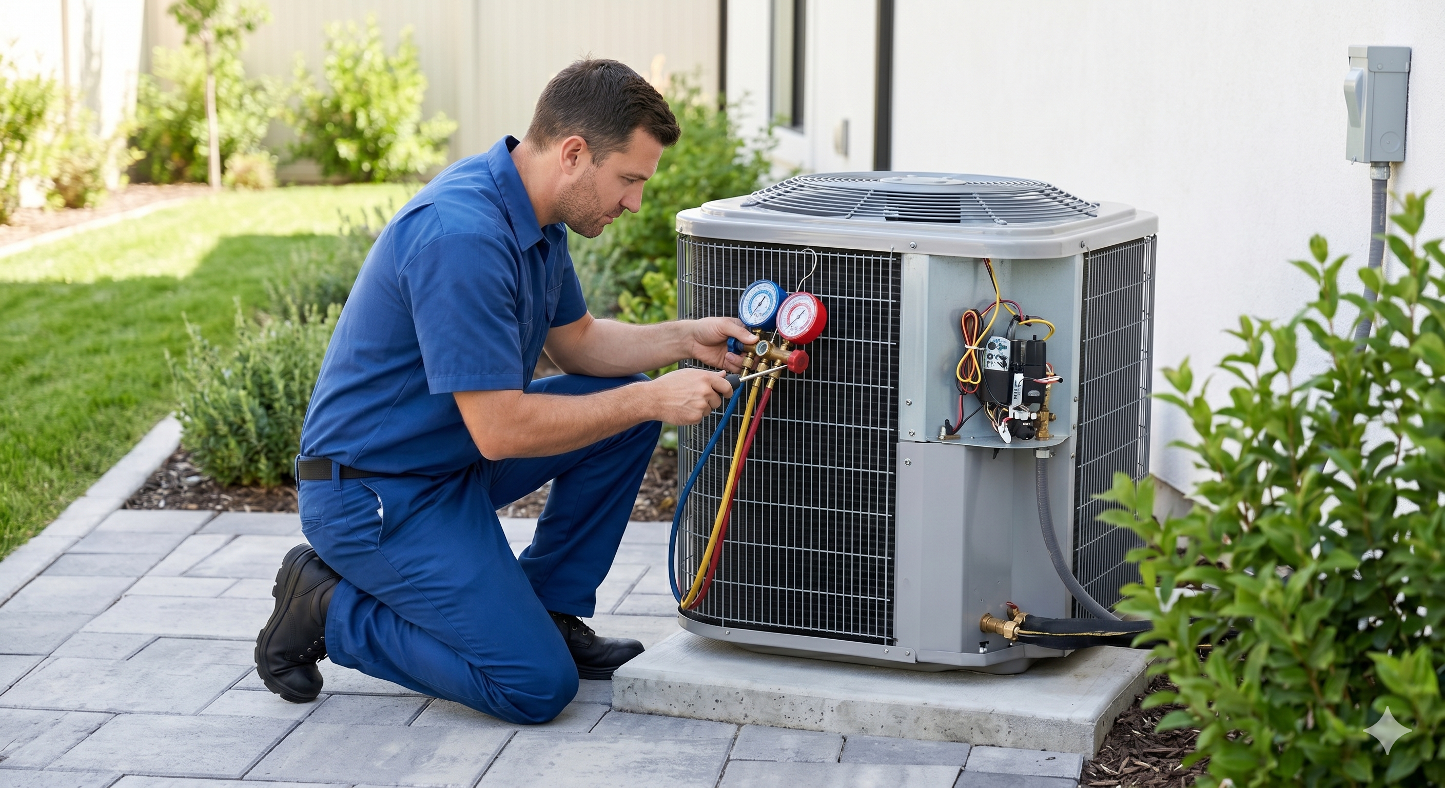 HVAC technician in uniform servicing an outdoor AC condenser unit — CoolBreeze HVAC Solutions