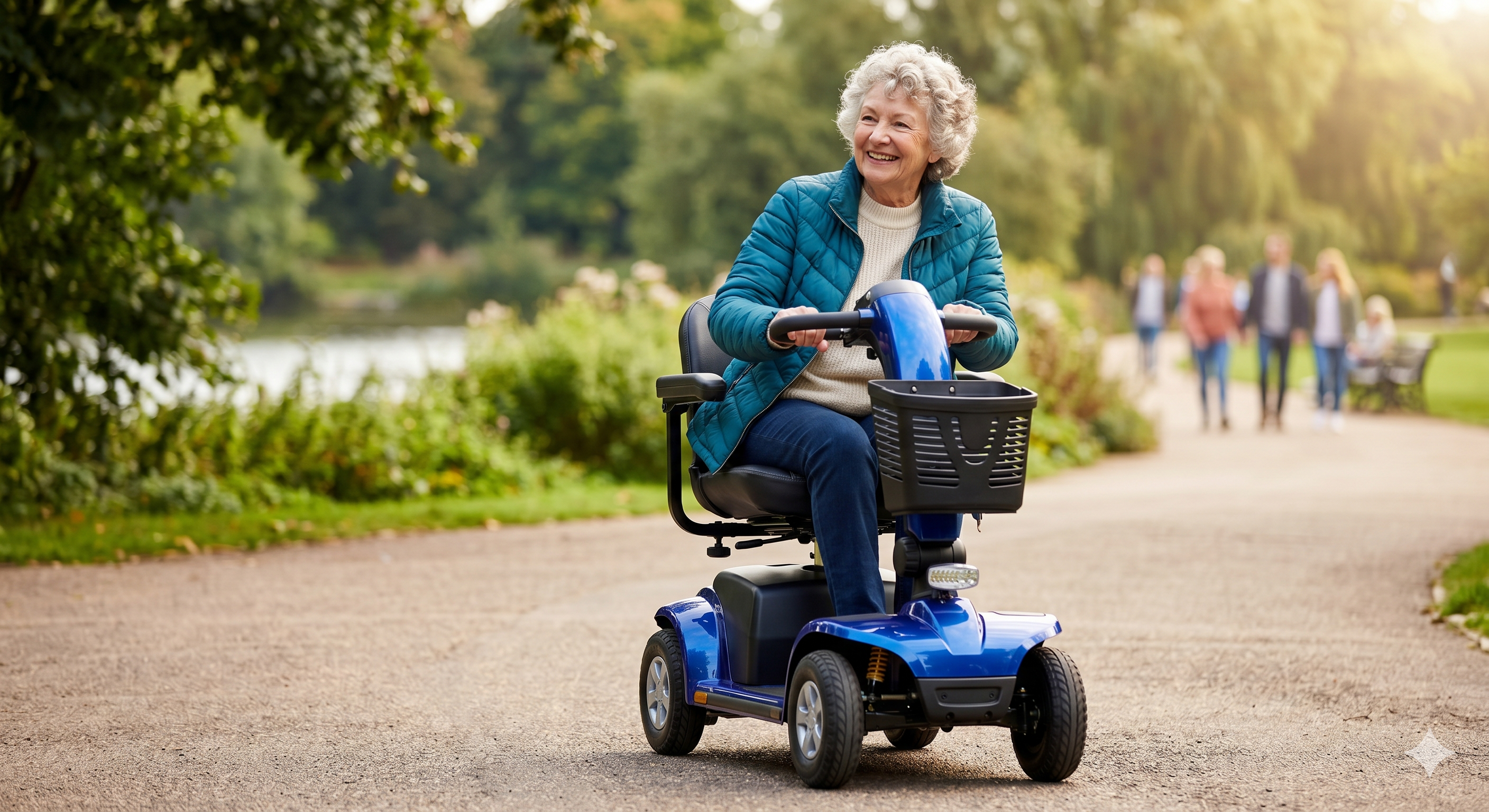 Adaptive Mobility Solutions — happy elderly woman riding a mobility scooter outdoors, representing independence and quality of life