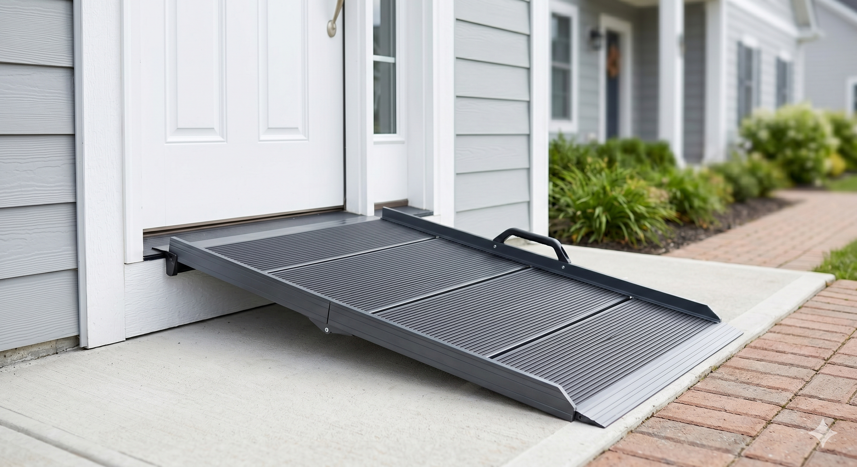 Lightweight portable aluminium access ramp at a front door threshold — supplied by Adaptive Mobility Solutions