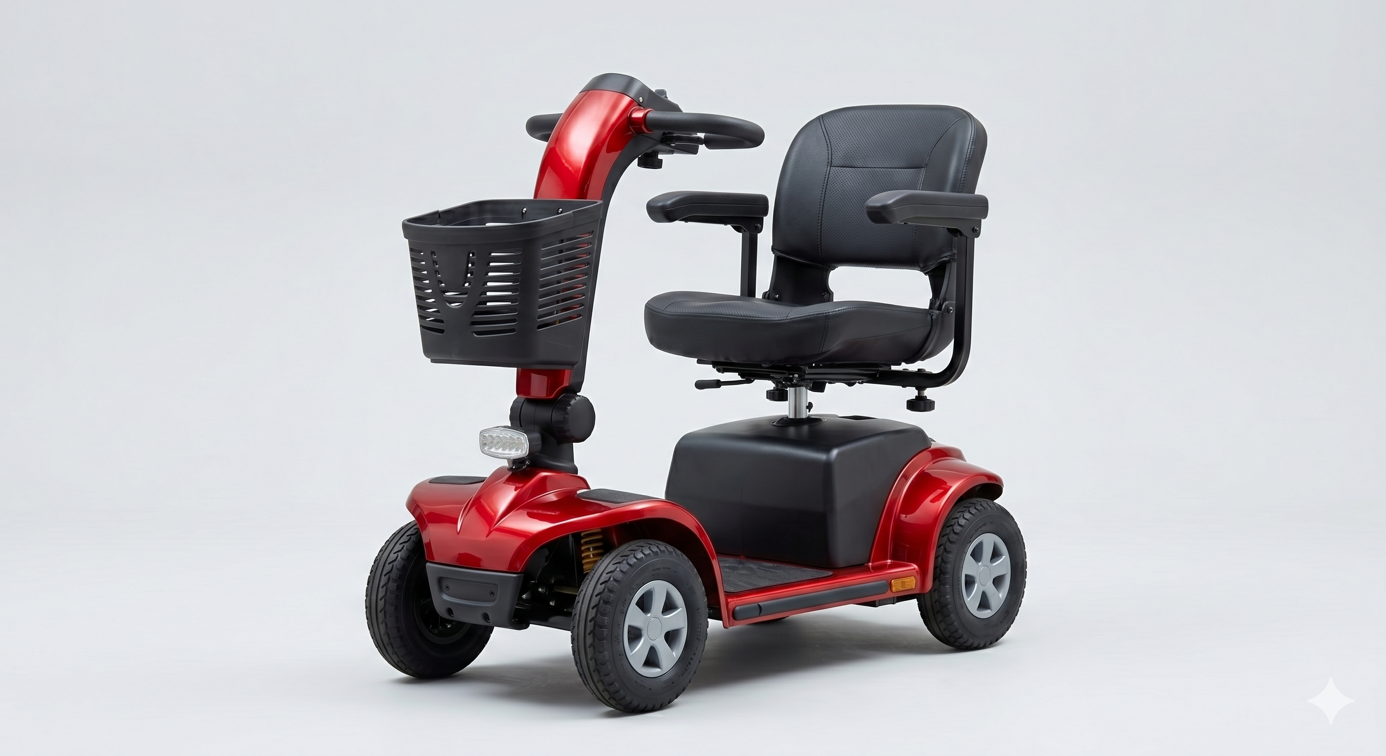 Red 4-wheel mobility scooter on a clean background — available from Adaptive Mobility Solutions