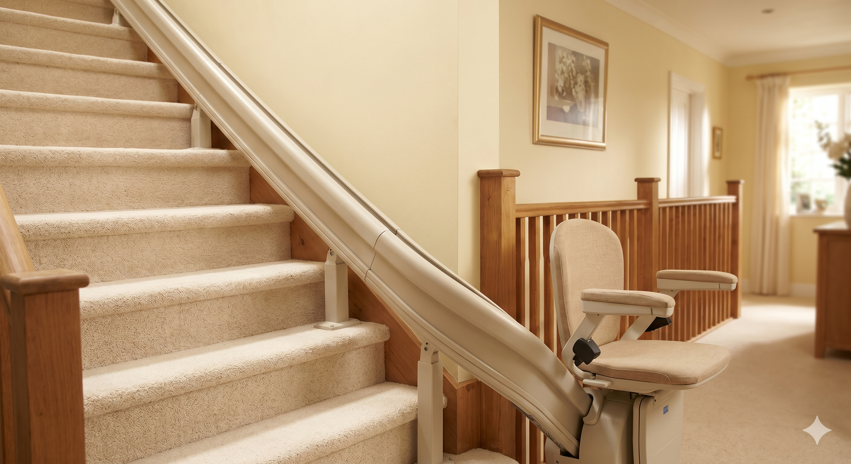Stair lift rail installed along a carpeted residential staircase — supplied and fitted by Adaptive Mobility Solutions
