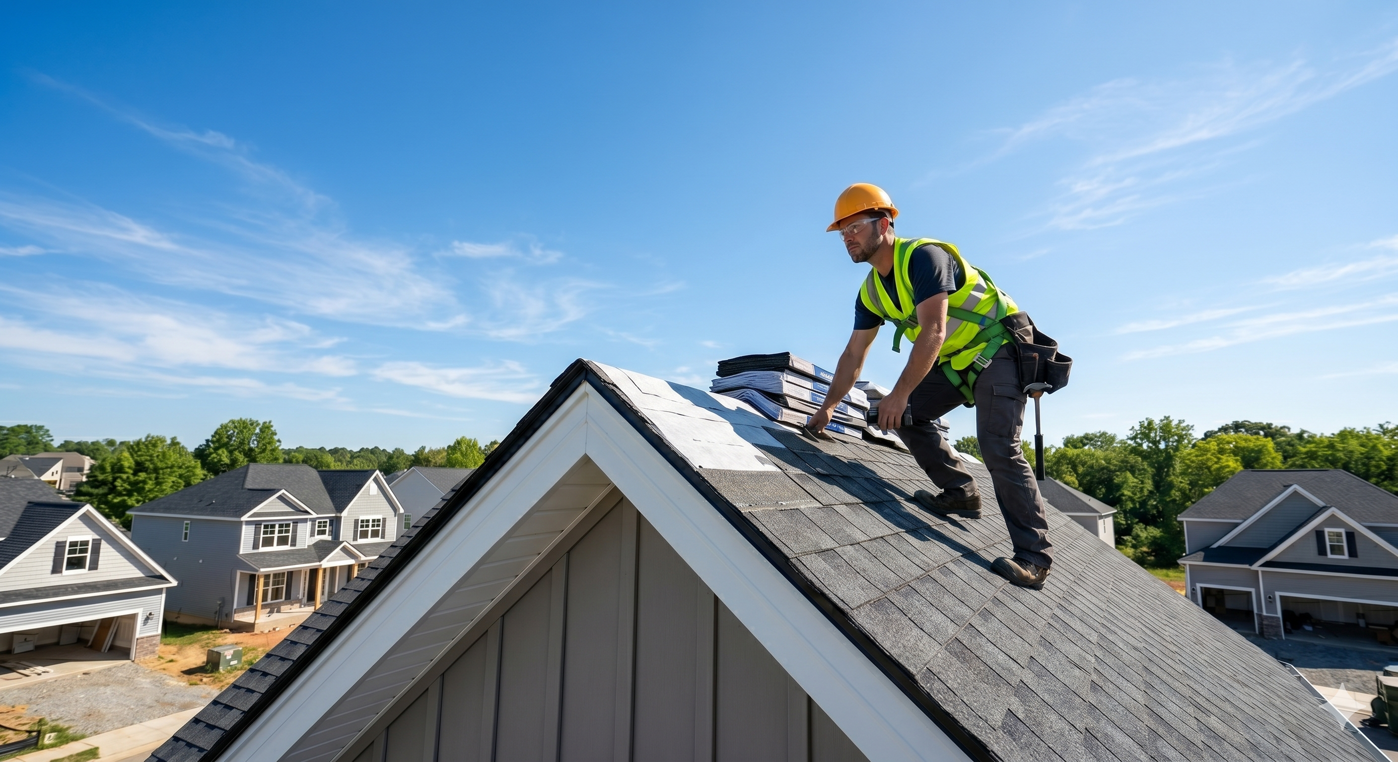 Reliable Roofing Contractors — roofer in safety gear installing shingles on a residential roof on a sunny day