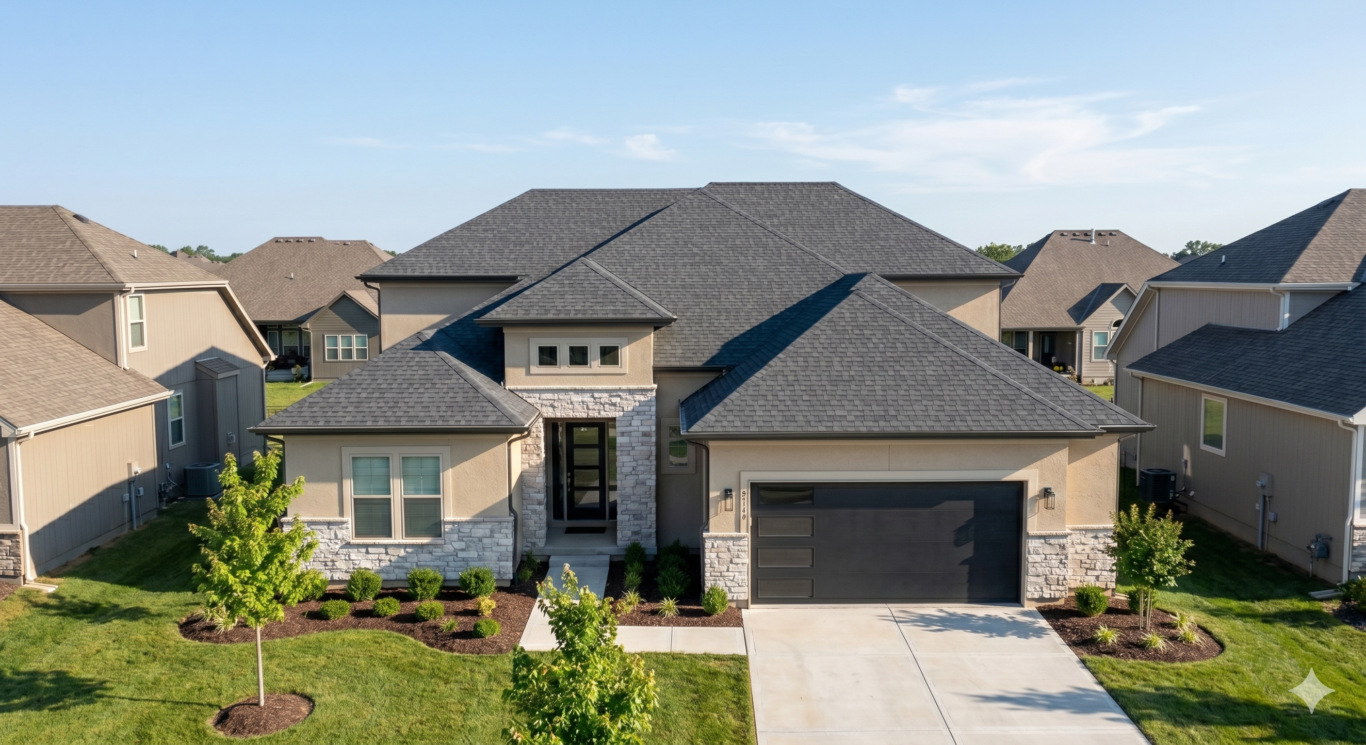 Completed residential re-roof — suburban home with new dark grey asphalt shingles