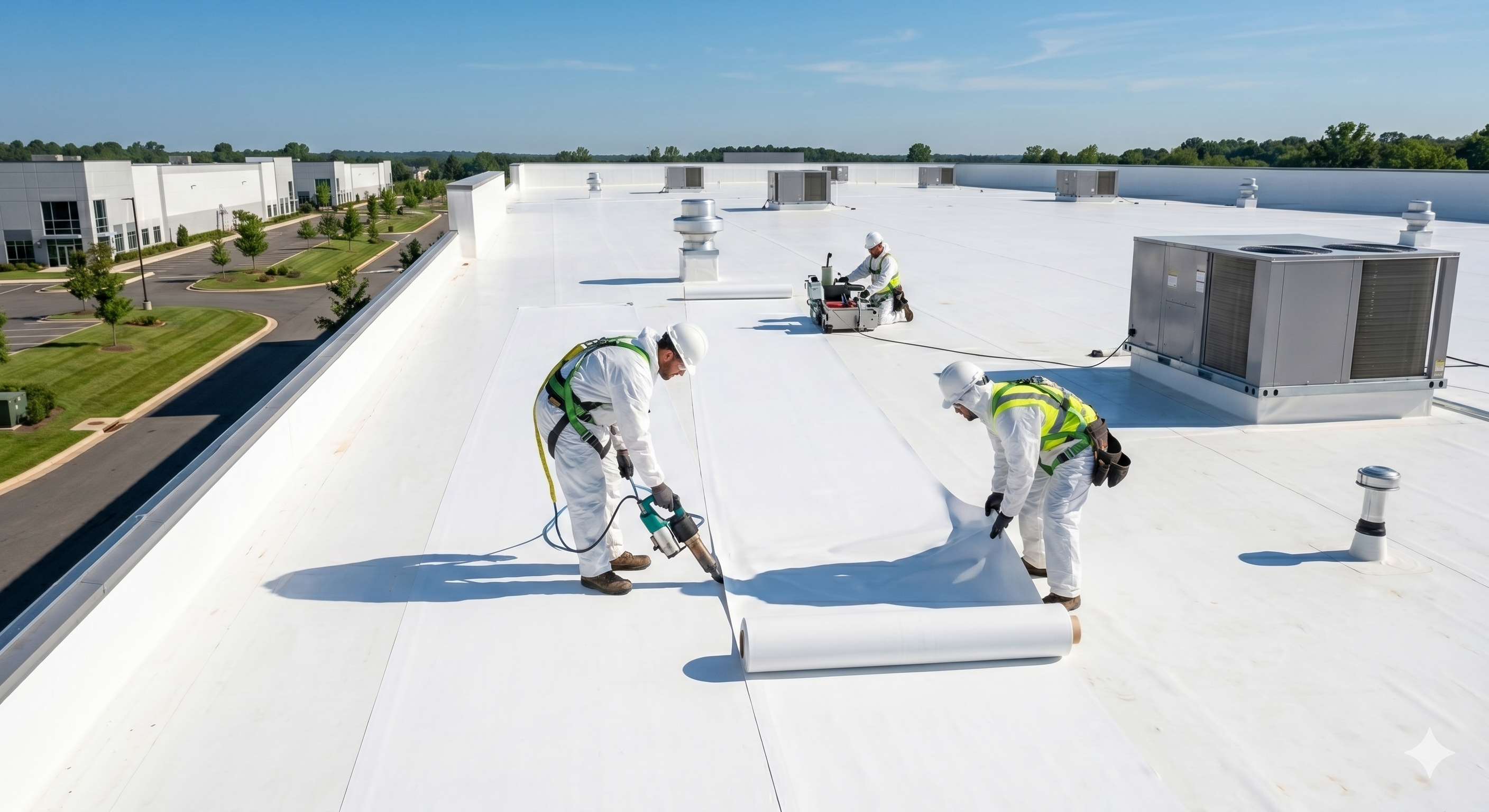 Commercial flat roof installation — workers applying white membrane roofing on a large building