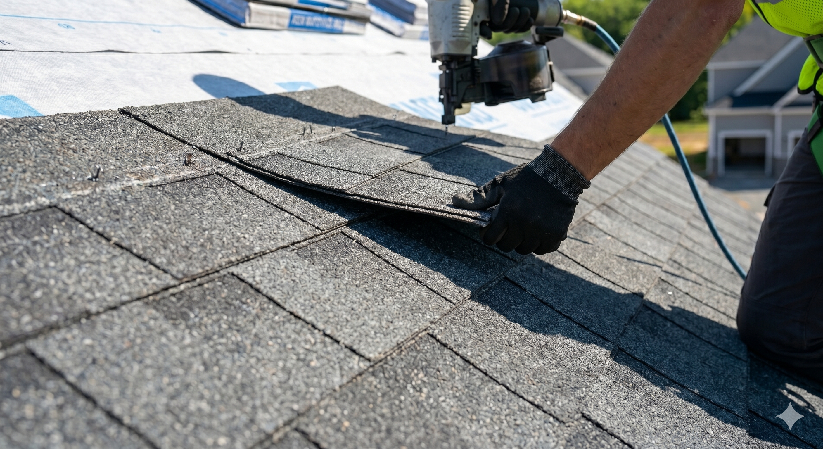 Close-up of new roof shingles being laid in neat overlapping rows during a residential roof replacement