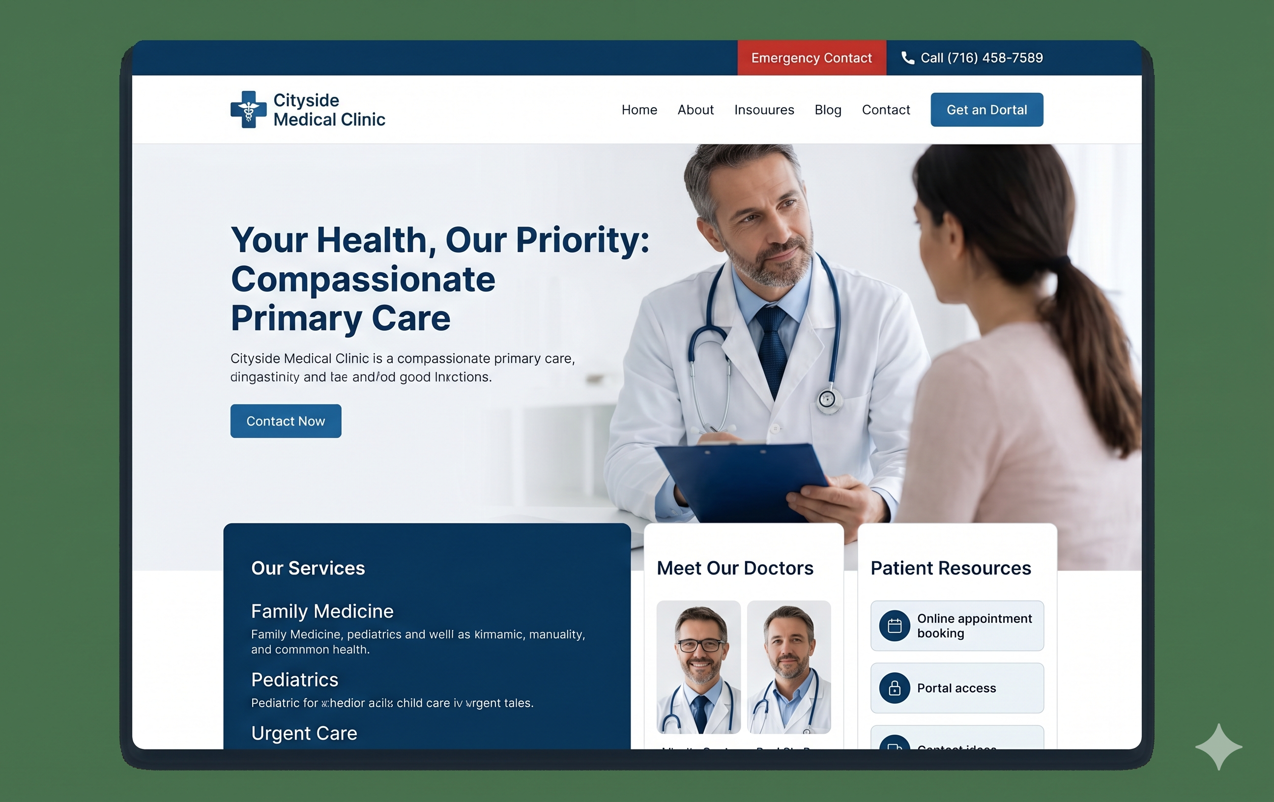 Cityside Medical Clinic — navy blue medical website with doctor photo hero, three-column services layout, doctor profiles, and patient portal links
