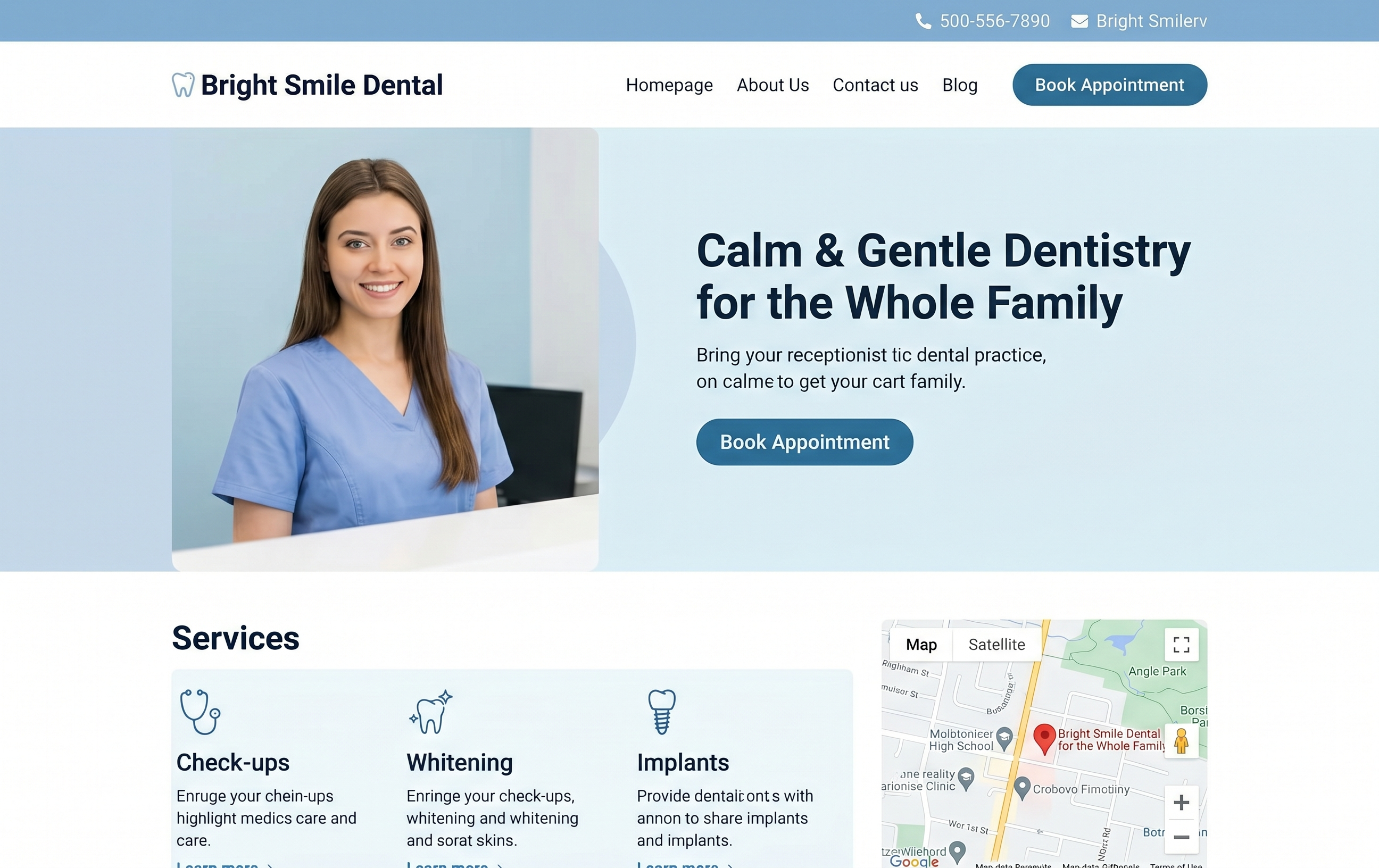 Bright Smile Dental — light blue dental practice website with smiling dentist, appointment booking, and services including check-ups, whitening, and implants