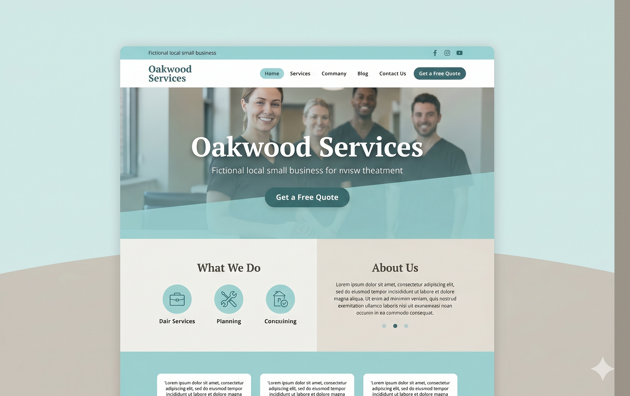 Oakwood Business Services — teal and warm beige professional services website with team photo hero, service cards, and about section