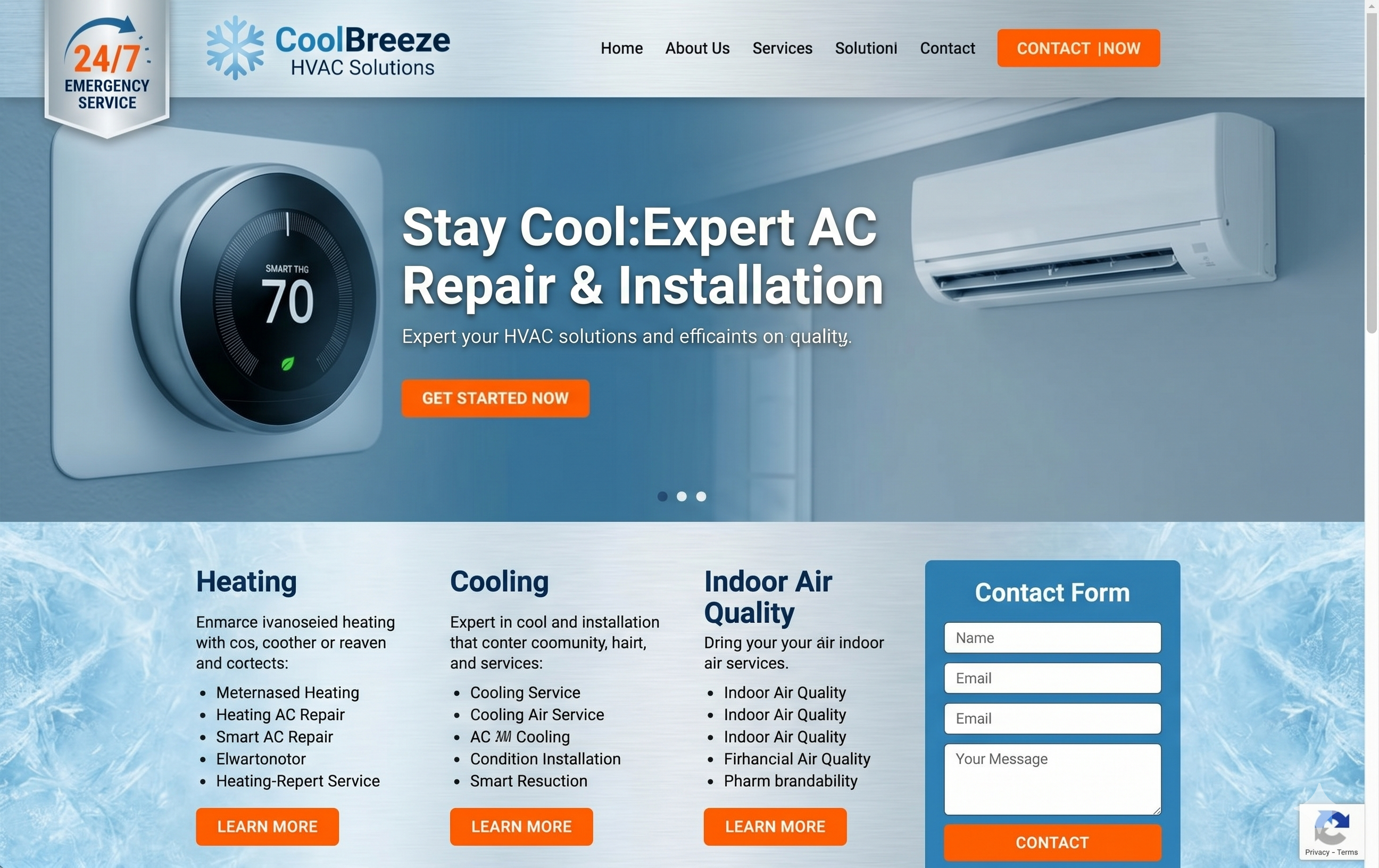 CoolBreeze HVAC Solutions — deep blue HVAC website with icy accents, AC unit hero, three service columns, and an inline contact form
