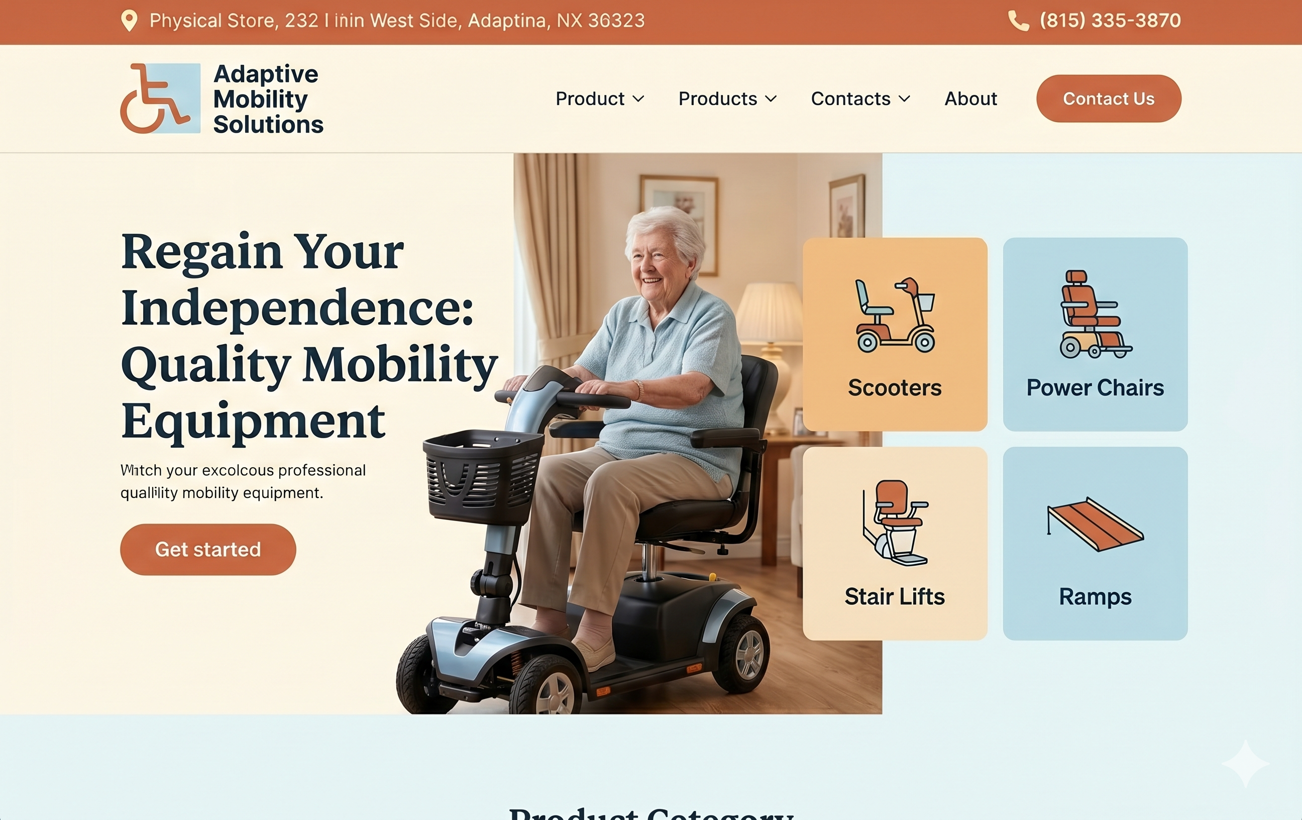 Adaptive Mobility Solutions — warm cream-toned website for a mobility equipment supplier showing a senior on a scooter and a product category grid
