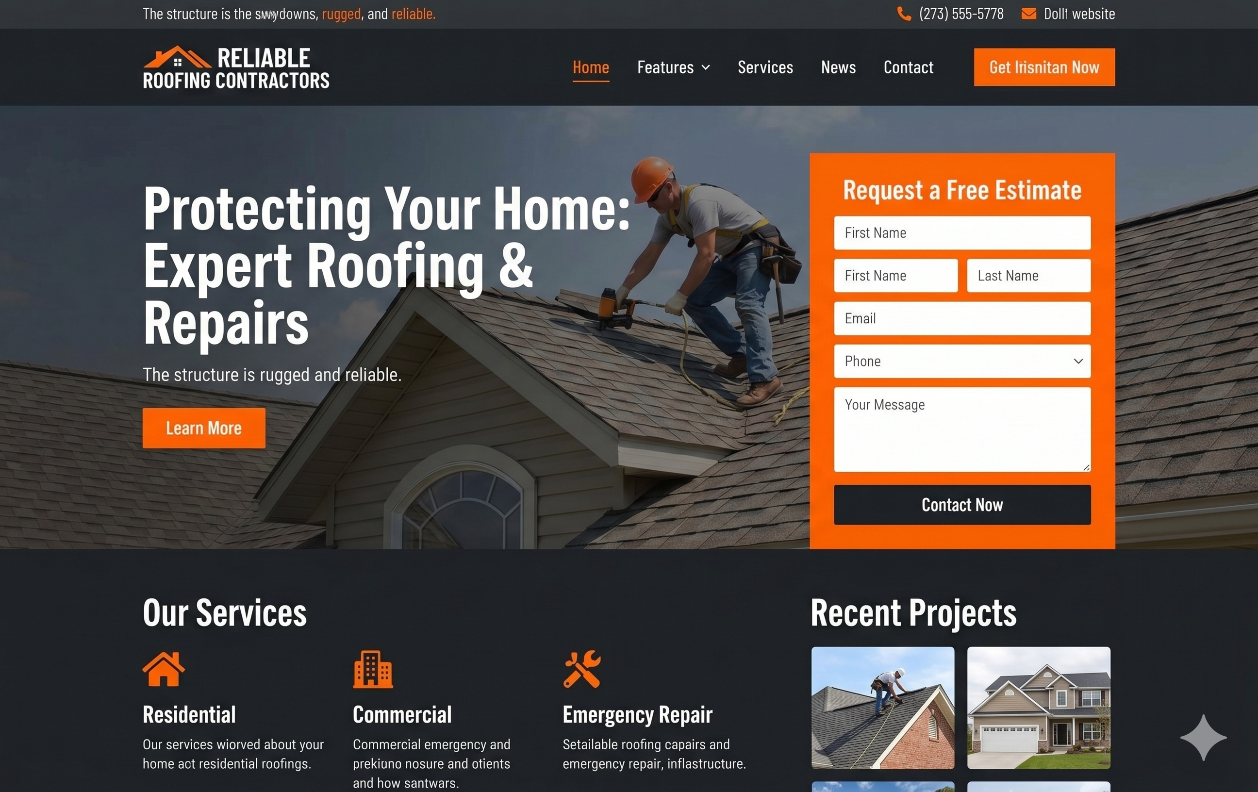 Reliable Roofing Contractors — dark-themed contractor website with orange accents, hero quote form, services grid, and recent projects gallery